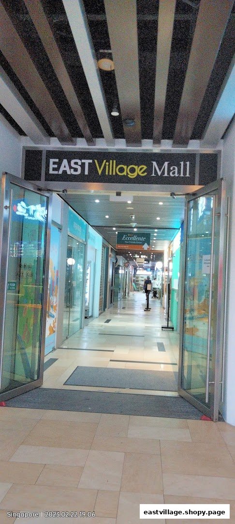 An inviting view of the East Village Mall entrance leading into a bright shopping corridor.