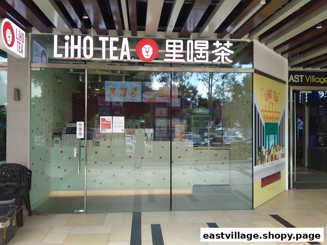 The storefront of LiHO TEA at East Village, featuring its prominent signage and glass entrance.