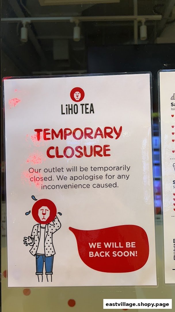 A LiHO TEA sign announcing temporary closure with a 'We will be back soon!' message.