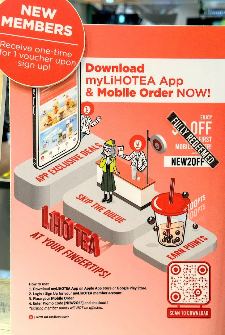 A promotional poster for LiHO TEA's mobile app, highlighting exclusive deals, mobile ordering, and reward points.