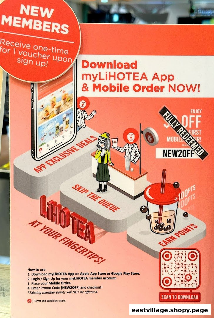A promotional poster for LiHO TEA's mobile app, highlighting exclusive deals, mobile ordering, and reward points.
