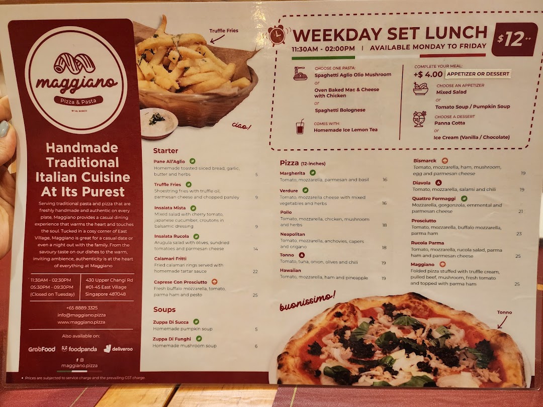 A detailed menu for Maggiano Pizza & Pasta, showcasing Italian dishes, pizzas, and a weekday set lunch.