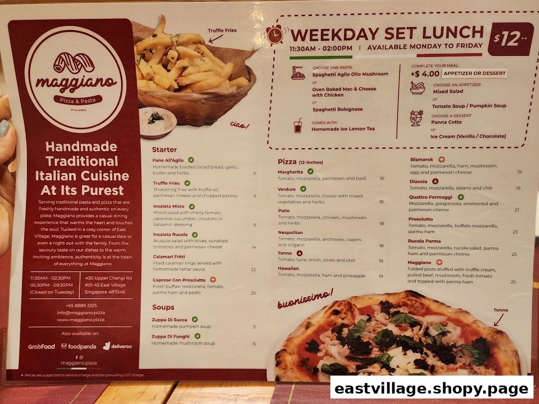 A detailed menu for Maggiano Pizza & Pasta, showcasing Italian dishes, pizzas, and a weekday set lunch.