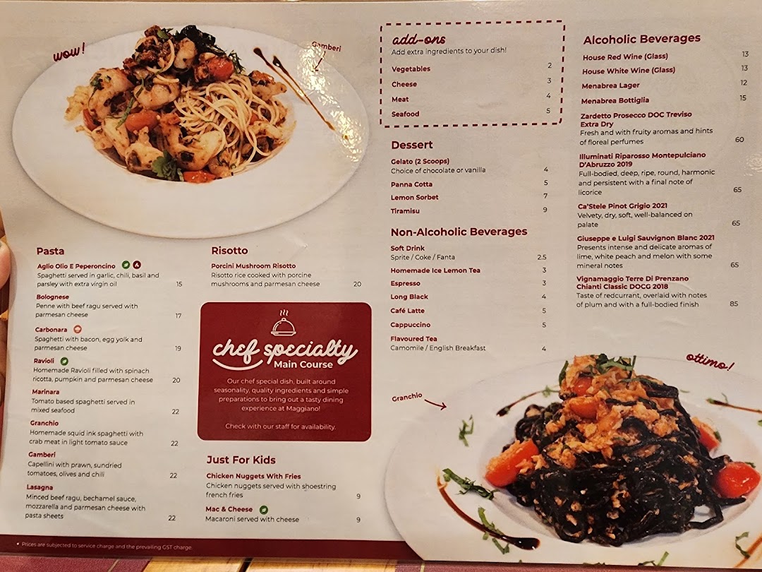 A detailed menu from Maggiano's featuring Italian dishes, drinks, and a chef's specialty.
