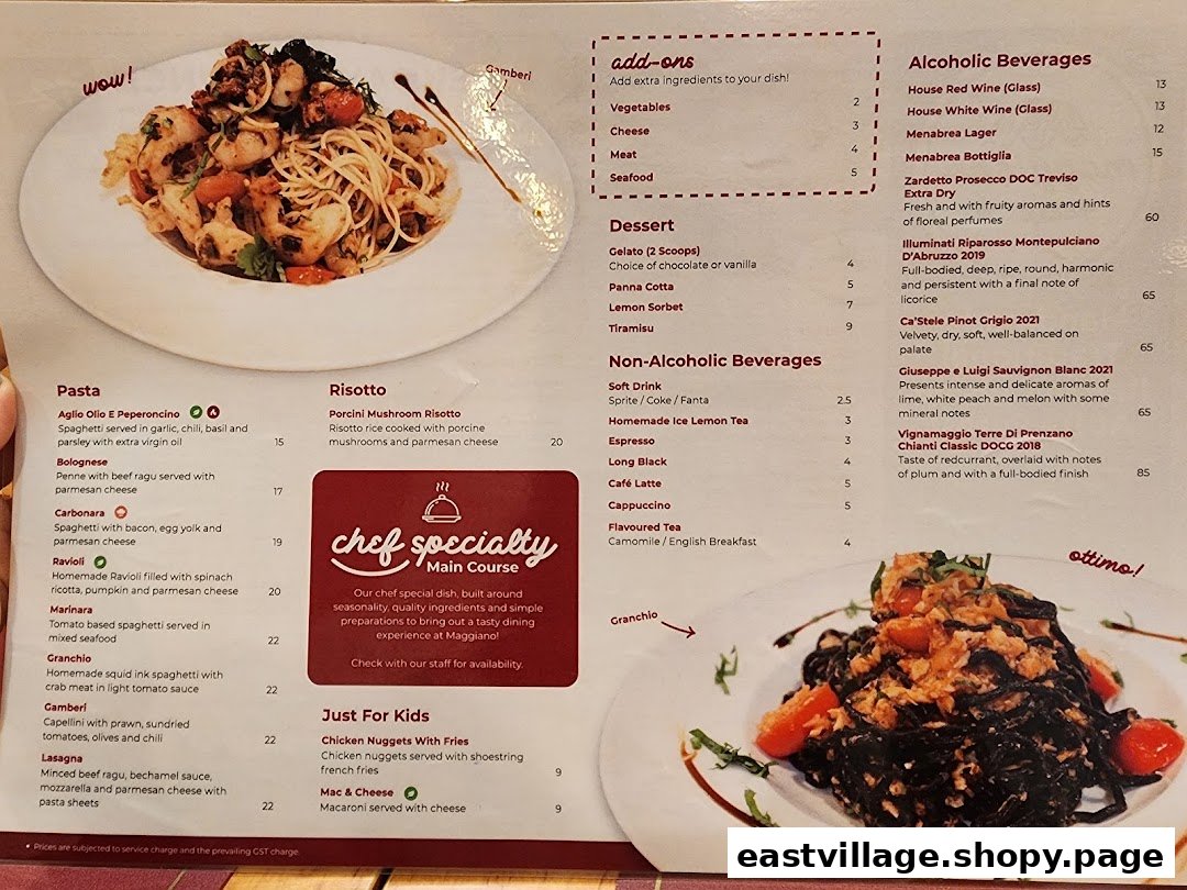 A detailed menu from Maggiano's featuring Italian dishes, drinks, and a chef's specialty.
