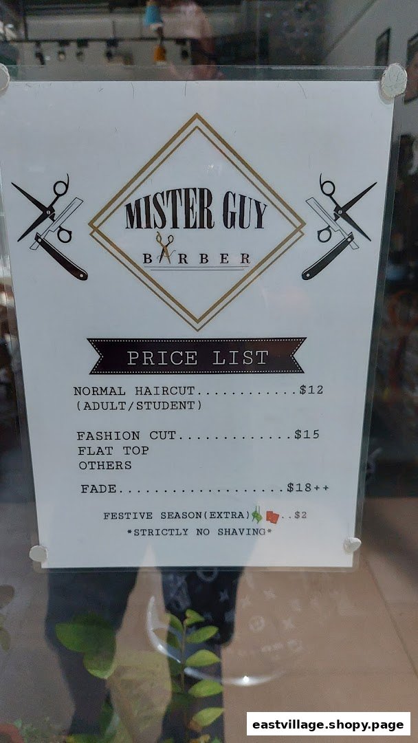 A clear price list for Mister Guy Barber, detailing various haircut services and their costs.