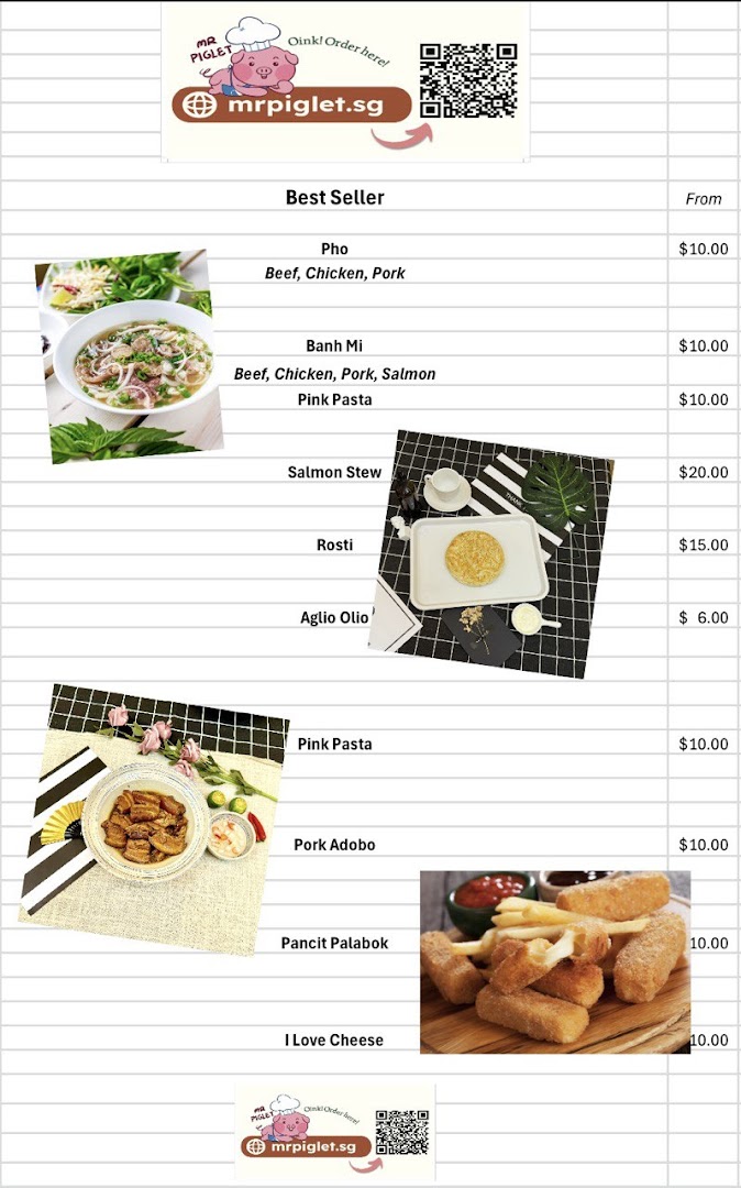 A digital menu displaying various food items, prices, and images from mr.piglet.sg.