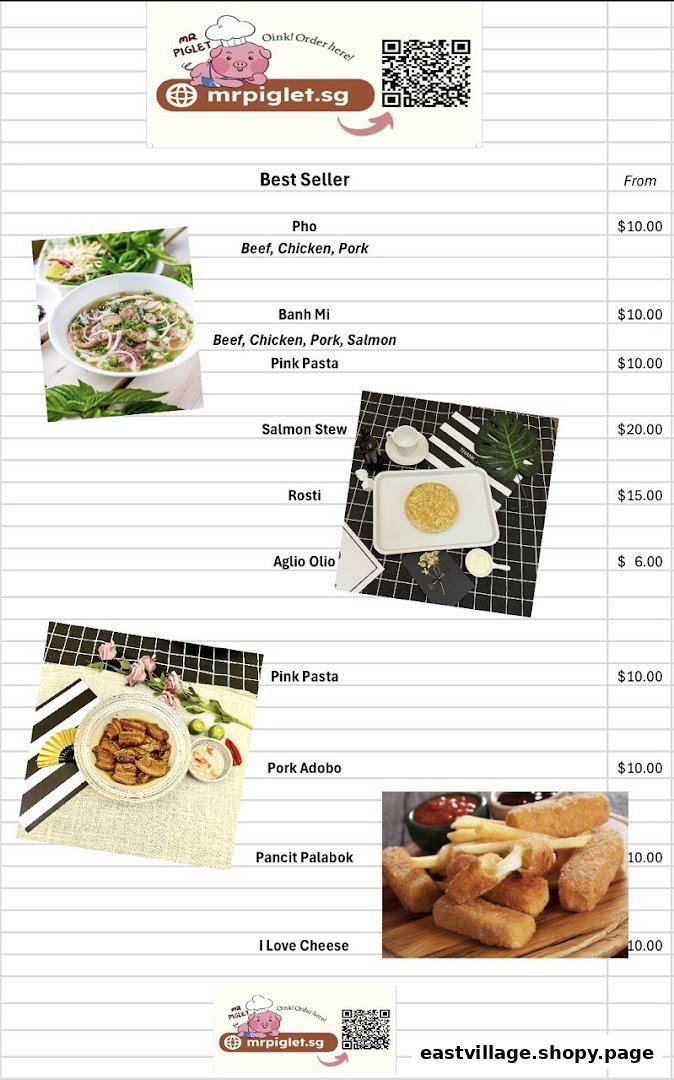 A digital menu displaying various food items, prices, and images from mr.piglet.sg.