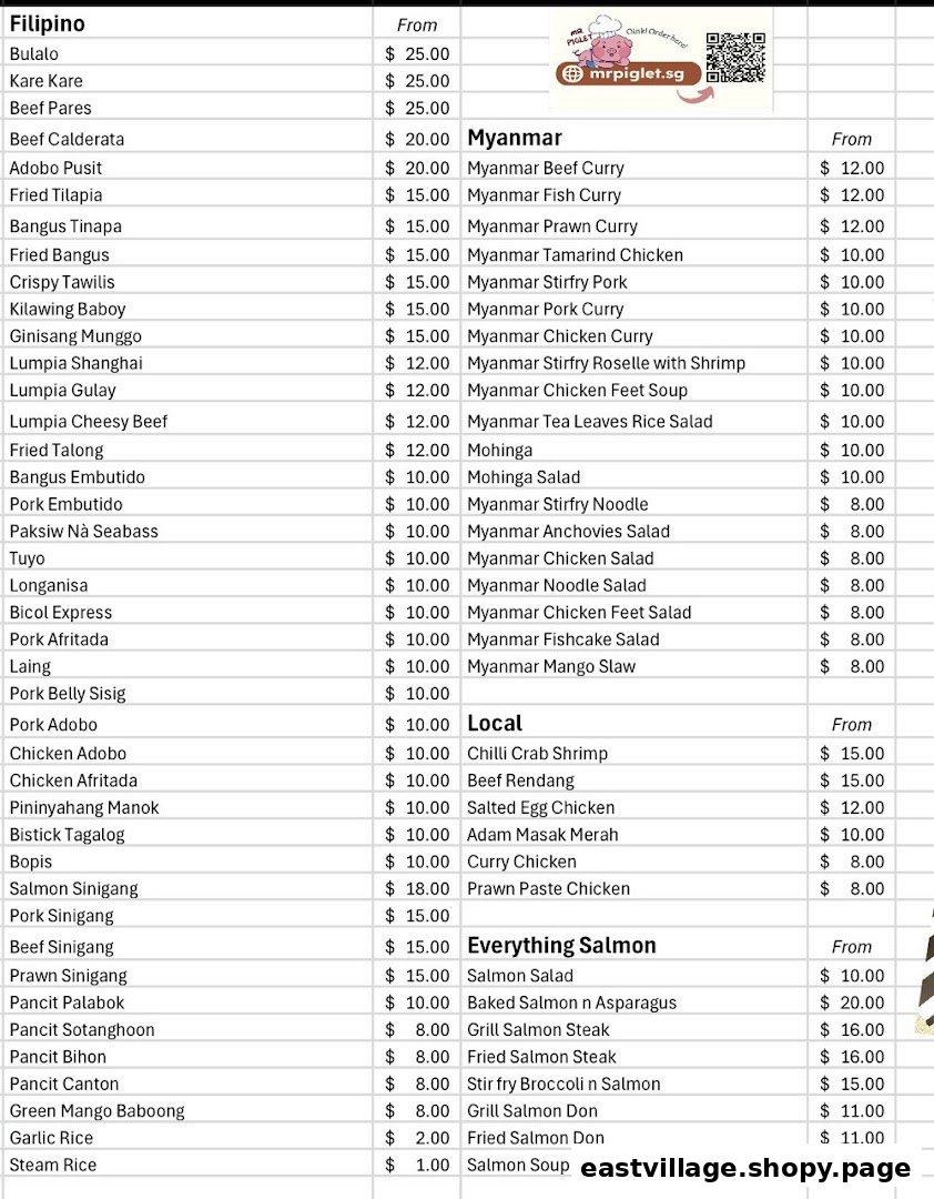A comprehensive menu from mr.piglet.sg, featuring Filipino, Myanmar, Local, and Salmon dishes with prices.