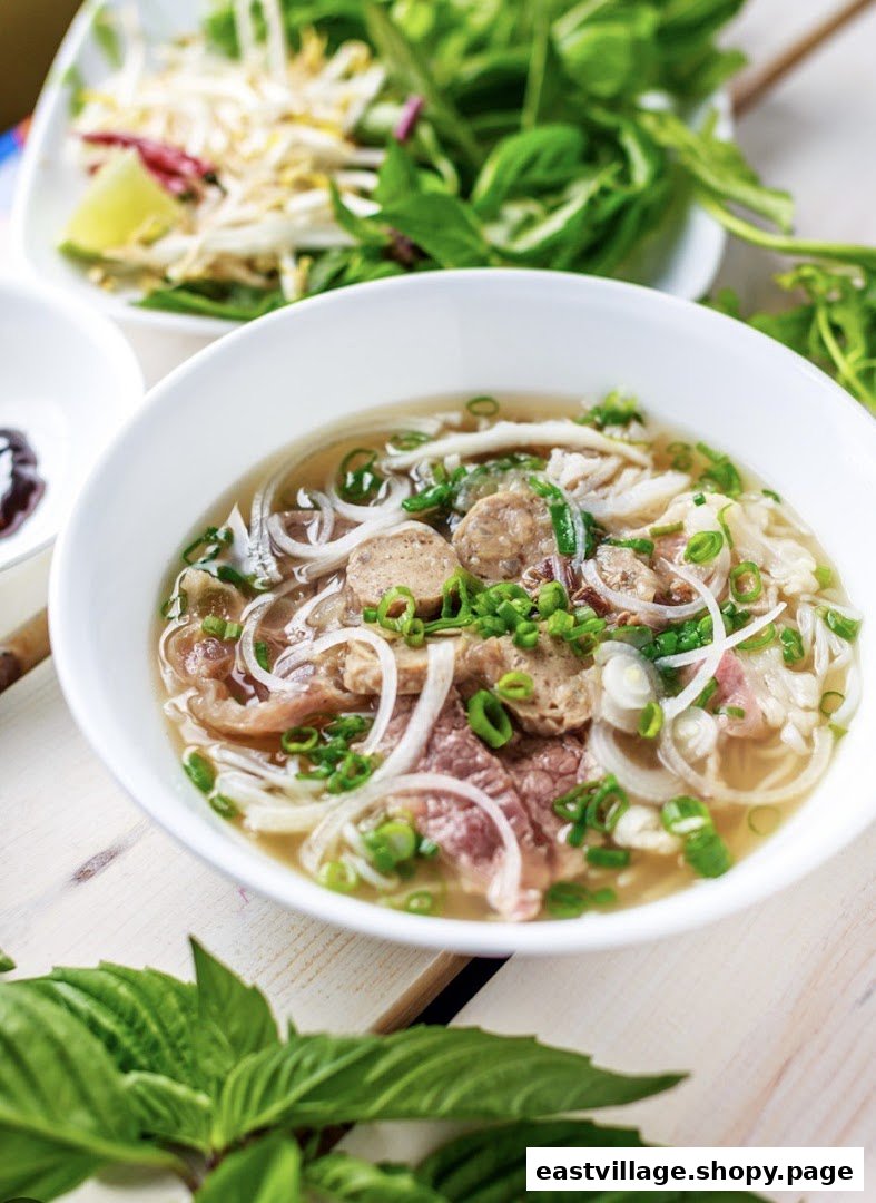 A vibrant bowl of Vietnamese pho with various meats, noodles, and fresh herbs.