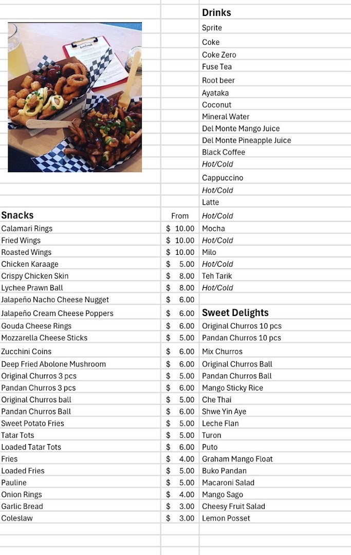 A comprehensive menu displaying a variety of snacks, drinks, and sweet delights, with an accompanying food image.