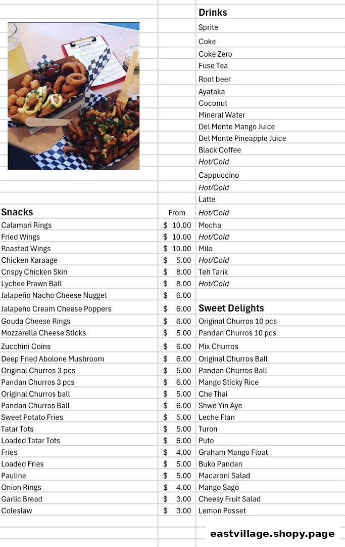 A comprehensive menu displaying a variety of snacks, drinks, and sweet delights, with an accompanying food image.