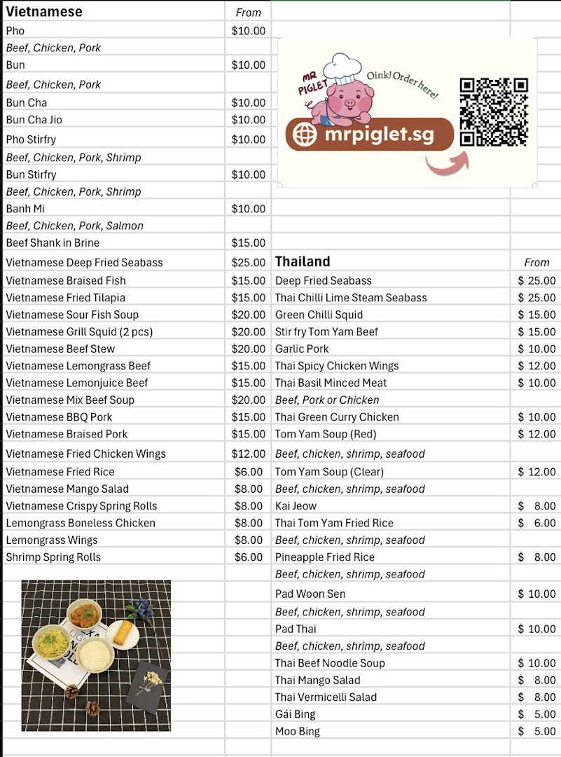 A comprehensive menu from Mr. Piglet featuring Vietnamese and Thai cuisine with prices.