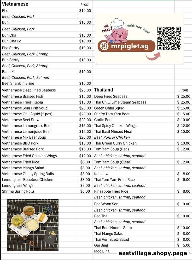 A comprehensive menu from Mr. Piglet featuring Vietnamese and Thai cuisine with prices.