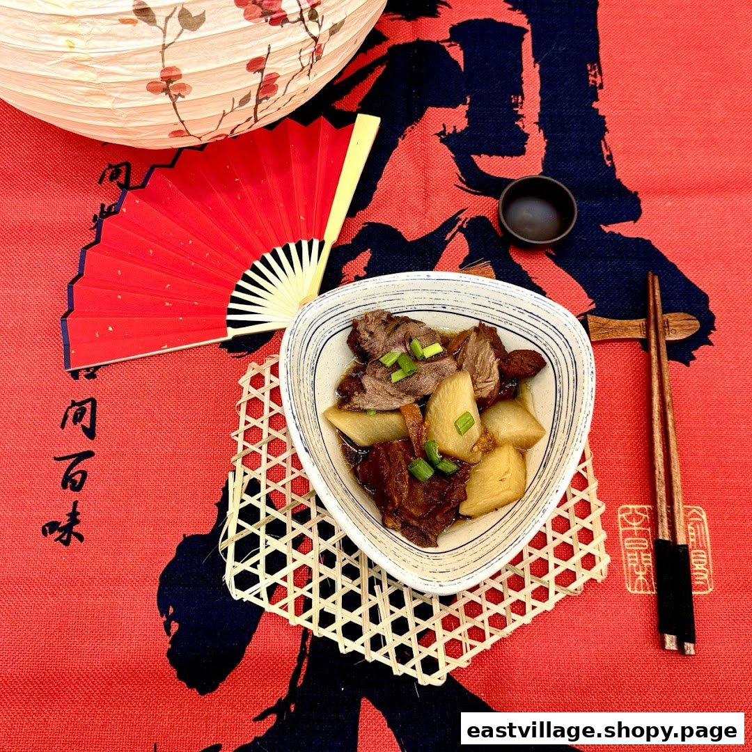 A bowl of braised meat and daikon radish with spring onions, set on a vibrant red tablecloth with traditional decor.