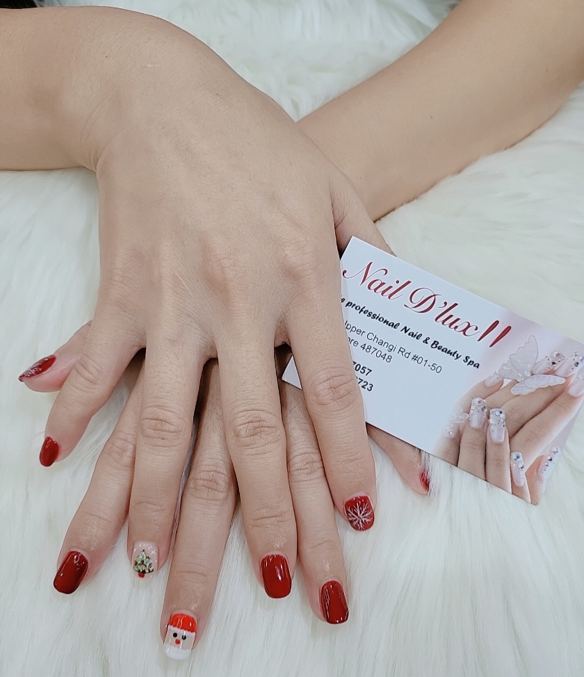 Hands showcasing festive red nail art with Santa, Christmas tree, and snowflake designs by NAIL DLUX II.