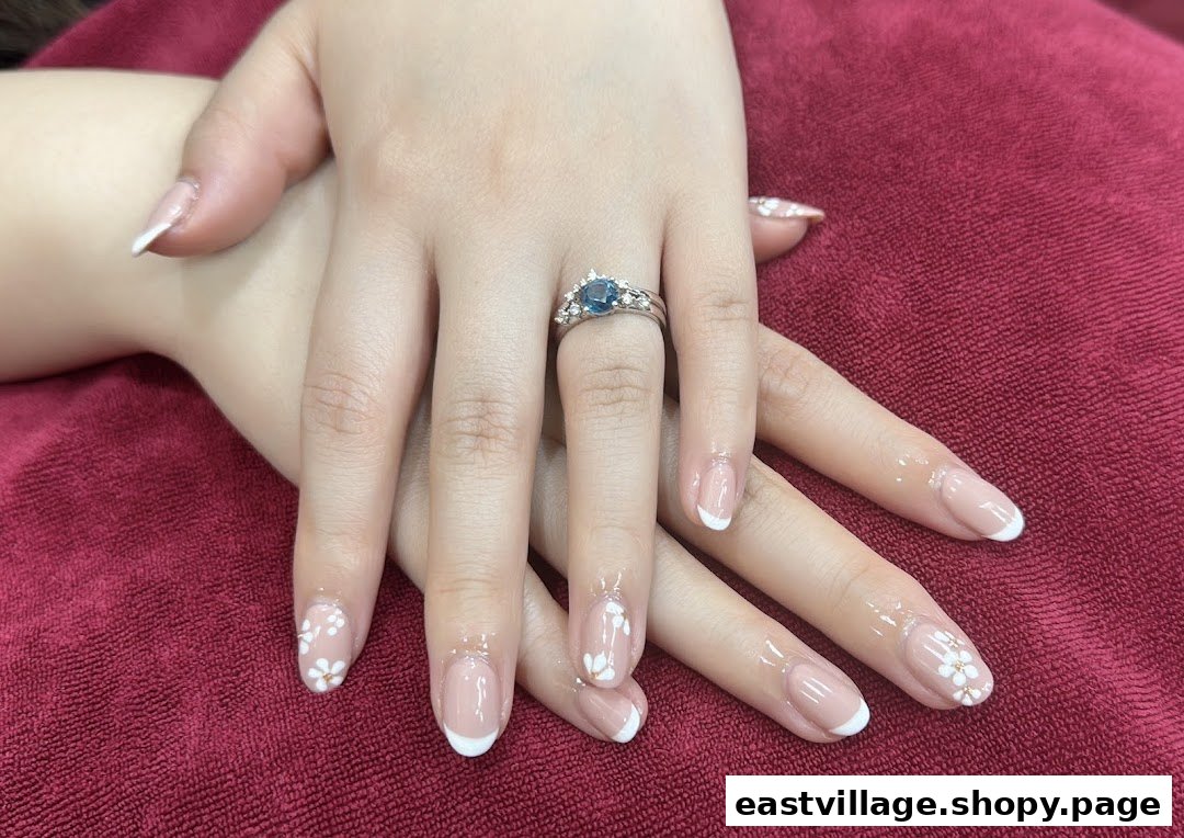 Close-up of hands showcasing an elegant French manicure with delicate white floral nail art.