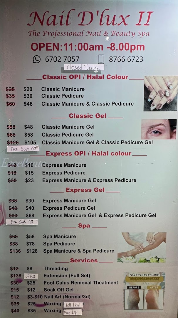 A detailed price list for various nail and beauty services offered at Nail D'lux II.