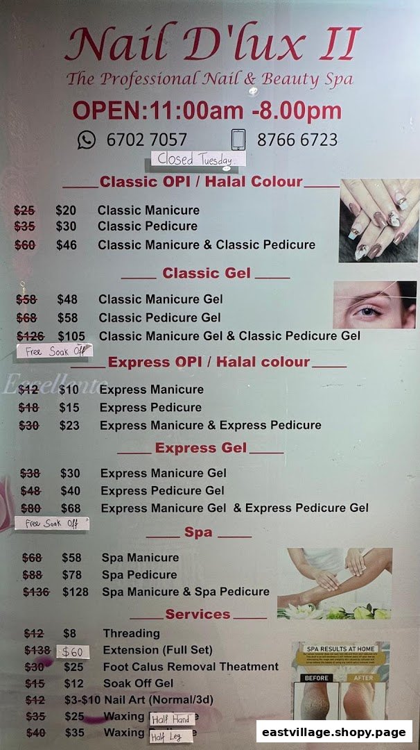 A detailed price list for various nail and beauty services offered at Nail D'lux II.