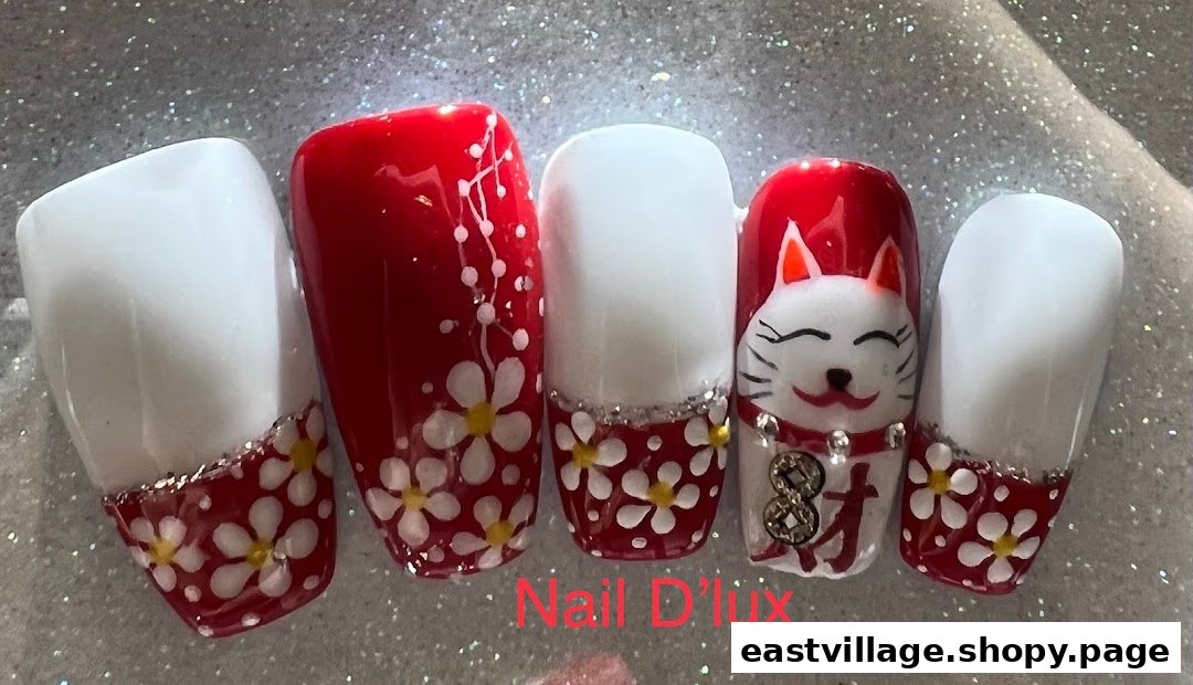 Close-up of five artificial nails featuring red, white, floral, and Maneki-neko designs.