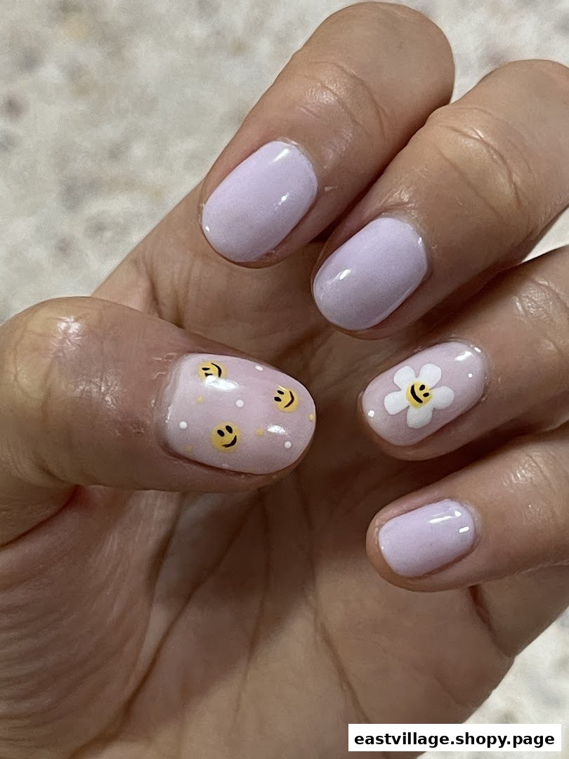 A hand with light purple nails, two featuring cute smiley faces and a daisy design.