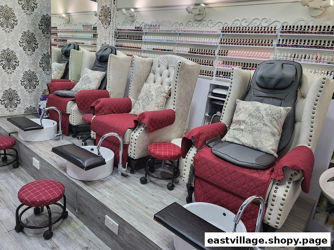 Comfortable pedicure stations with plush chairs and a wide selection of nail polishes.
