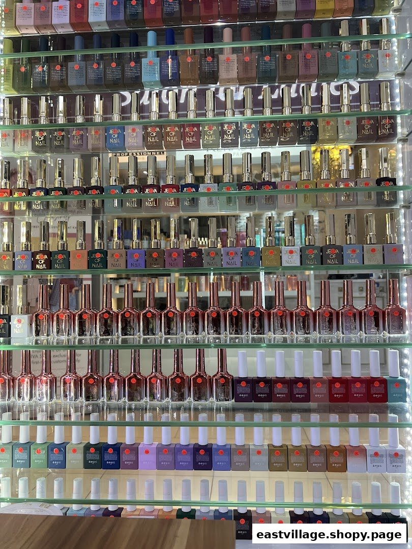 A vibrant display of numerous nail polish bottles arranged on illuminated glass shelves.