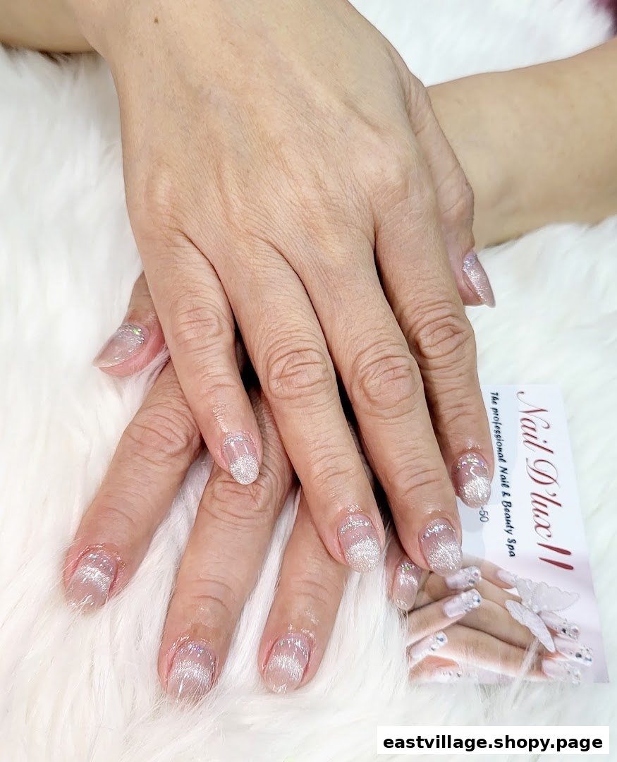 Close-up of hands showcasing sparkling, elegant nail art on a white furry surface, with a Nail D'lux II business card.