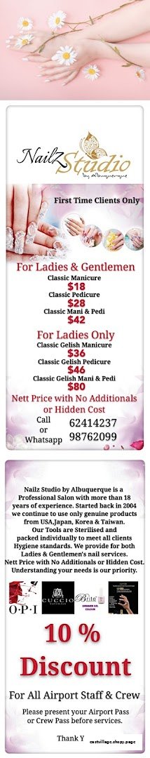 A detailed price list and service menu for Nailz Studio by Albuquerque, featuring nail services and discounts.