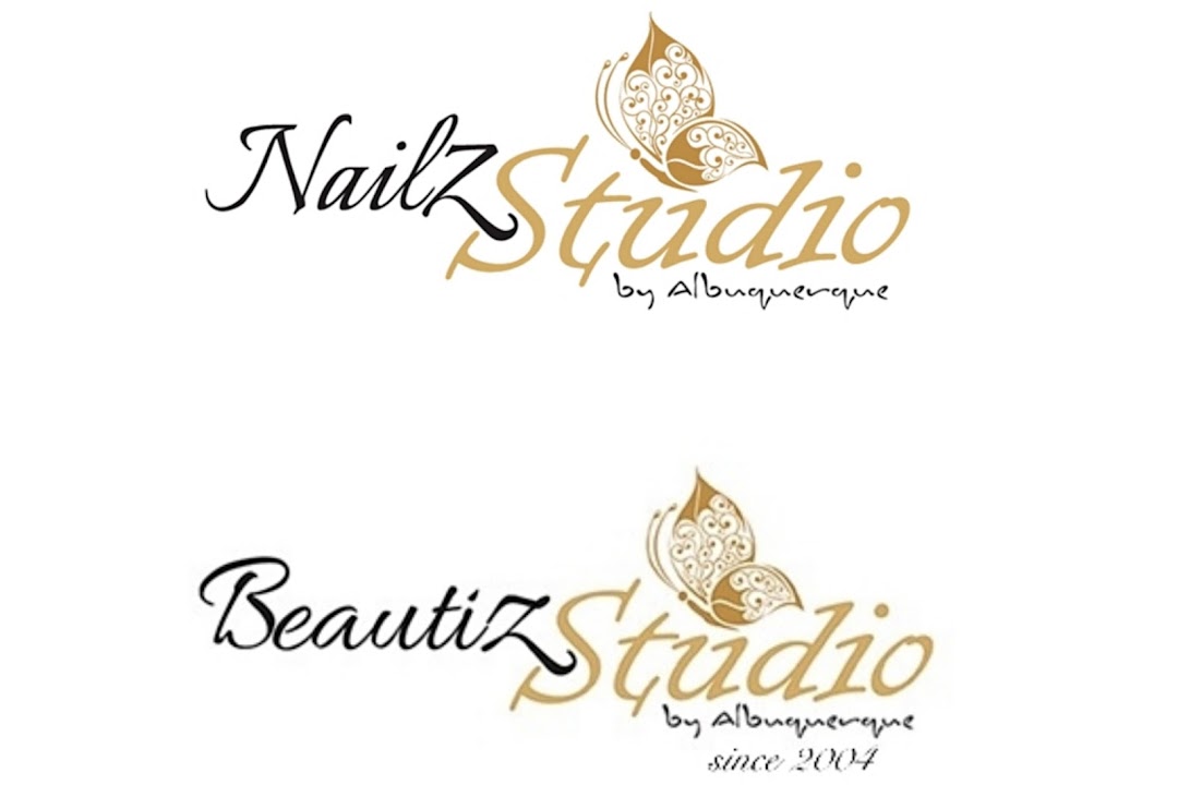 Two versions of the Nailz Studio by Albuquerque logo, featuring a butterfly motif.