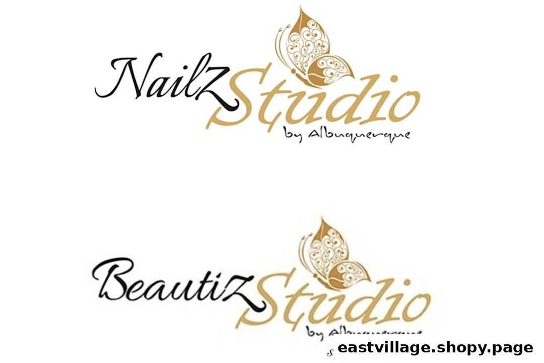 Two versions of the Nailz Studio by Albuquerque logo, featuring a butterfly motif.