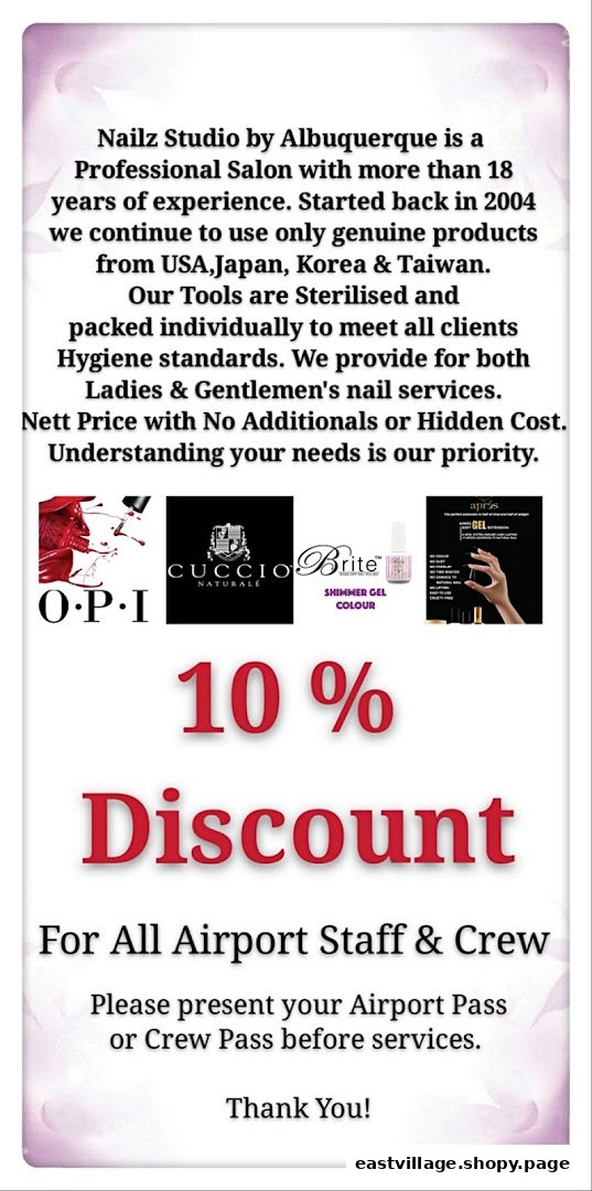 A promotional sign for Nailz Studio by Albuquerque, detailing services, product quality, and a discount.