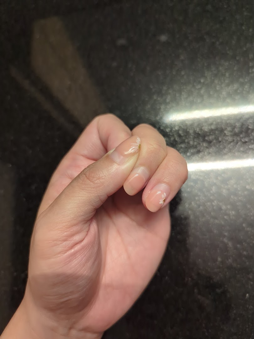 A close-up of a hand displaying delicate nail art with small white floral accents.