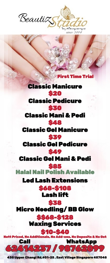 A price list for nail, lash, and beauty services offered by Beautiz Studio by Albuquerque.
