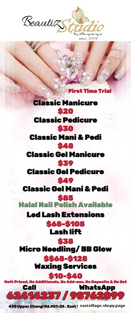 A price list for nail, lash, and beauty services offered by Beautiz Studio by Albuquerque.