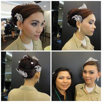 A collage showcasing elegant hair styling and makeup with decorative accessories, featuring a model and a staff member.