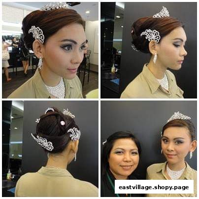 A collage showcasing elegant hair styling and makeup with decorative accessories, featuring a model and a staff member.