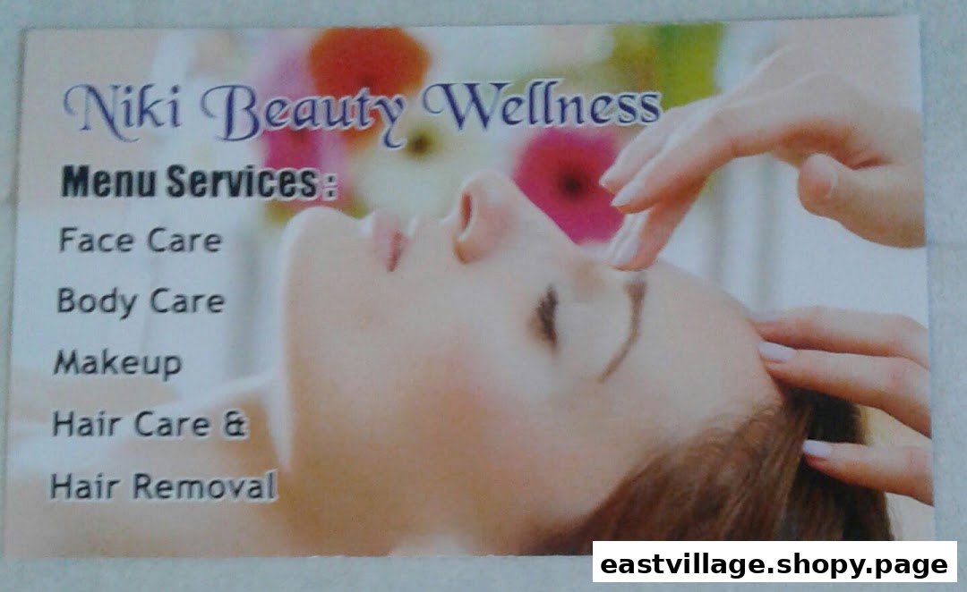 A service menu for Niki Beauty Wellness, featuring a woman receiving a beauty treatment.