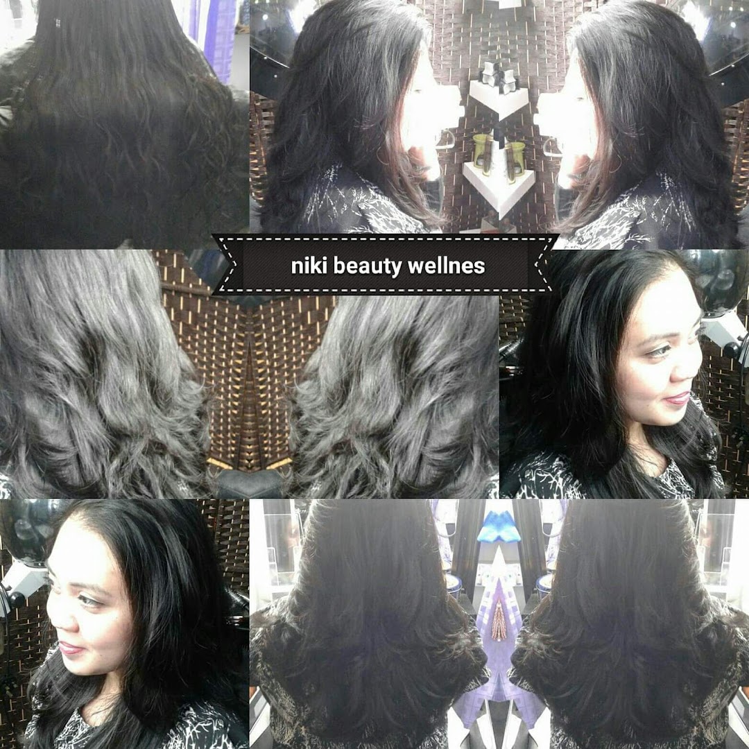 A collage showcasing a woman's hair transformation and her satisfied expression at Niki Beauty Wellness.