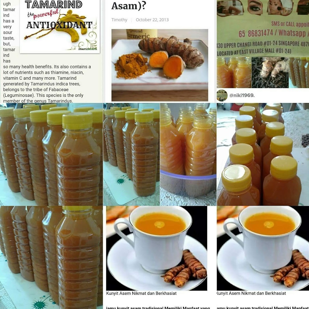 Collage showcasing natural wellness ingredients like tamarind and turmeric, bottled health drinks, and contact details for a beauty wellness salon.