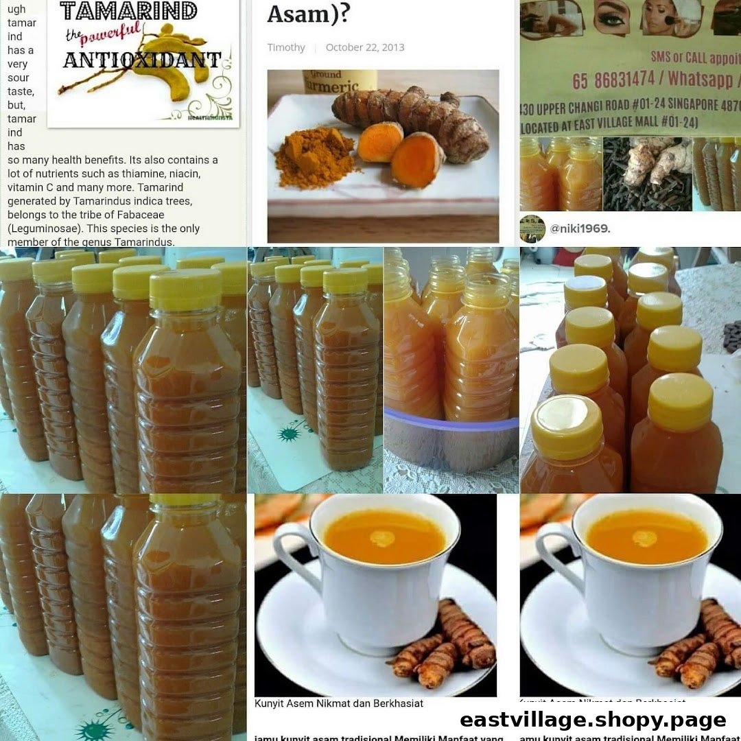 Collage showcasing natural wellness ingredients like tamarind and turmeric, bottled health drinks, and contact details for a beauty wellness salon.