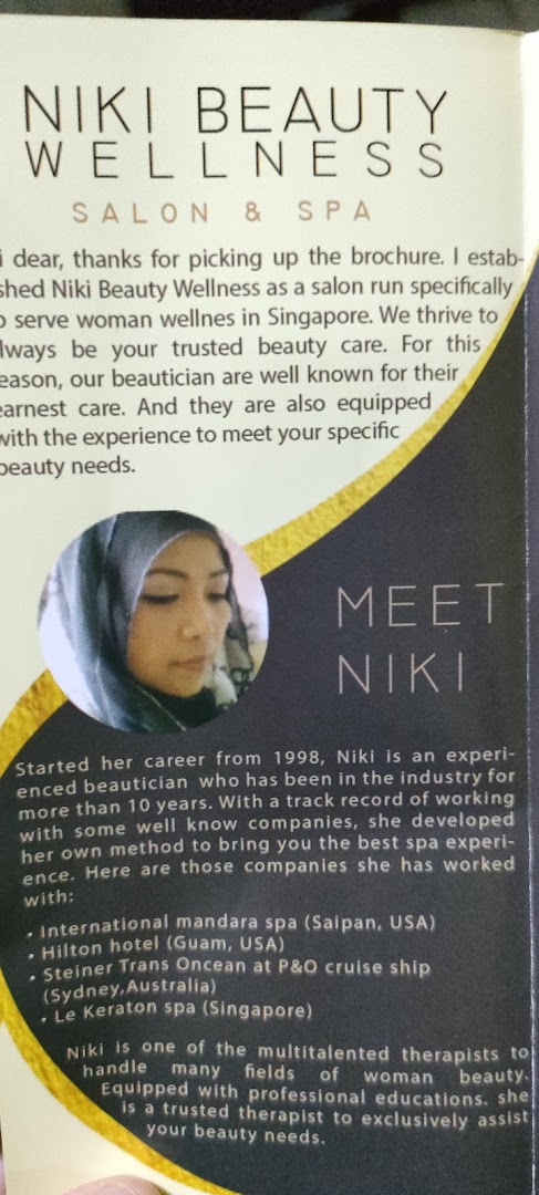 A brochure page introducing Niki Beauty Wellness Salon & Spa and its experienced founder, Niki.