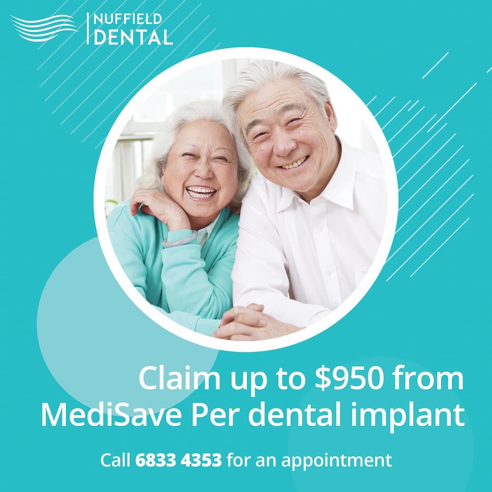 An advertisement for Nuffield Dental featuring smiling elderly patients and a MediSave dental implant offer.