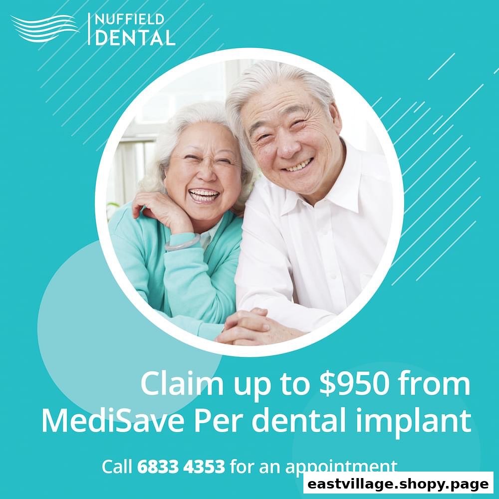 An advertisement for Nuffield Dental featuring smiling elderly patients and a MediSave dental implant offer.