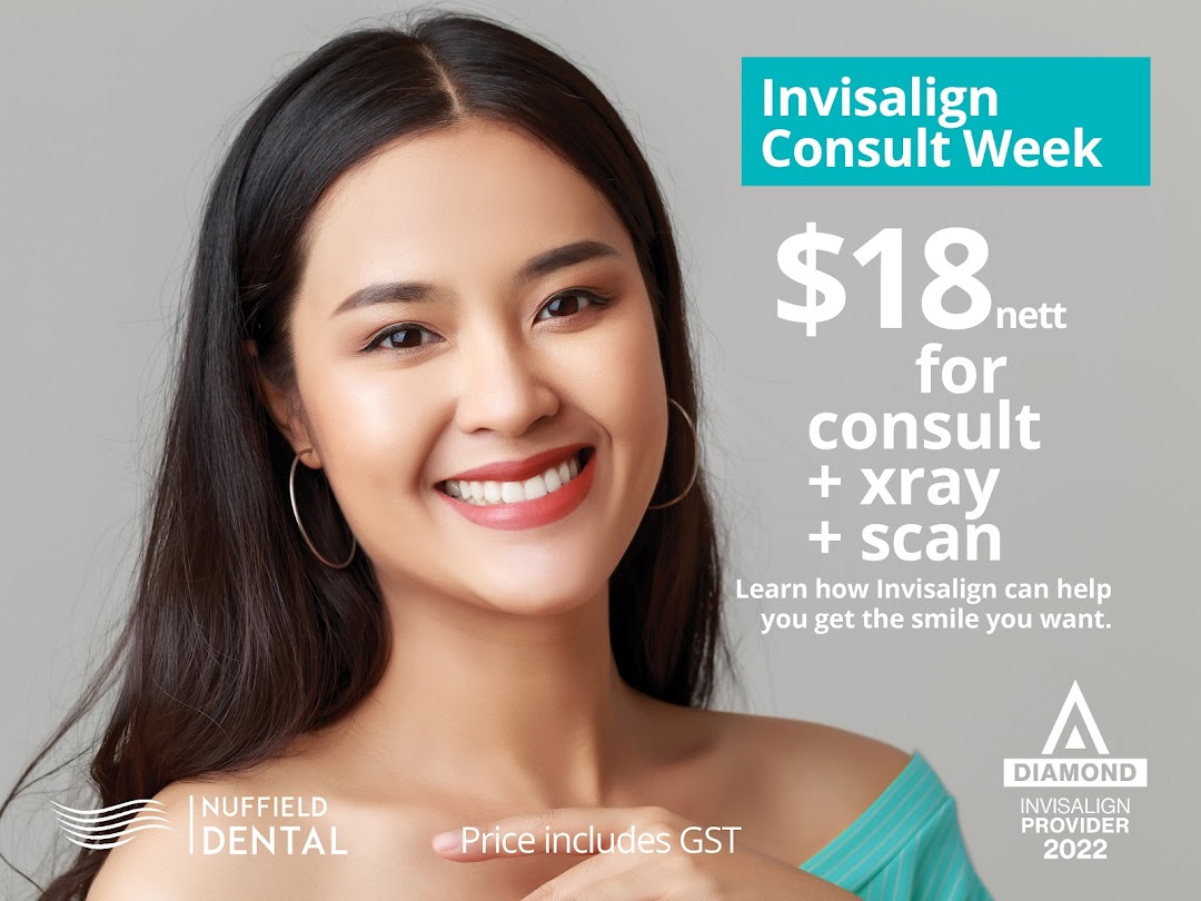 A smiling woman promotes Nuffield Dental's $18 Invisalign consultation, including x-ray and scan.