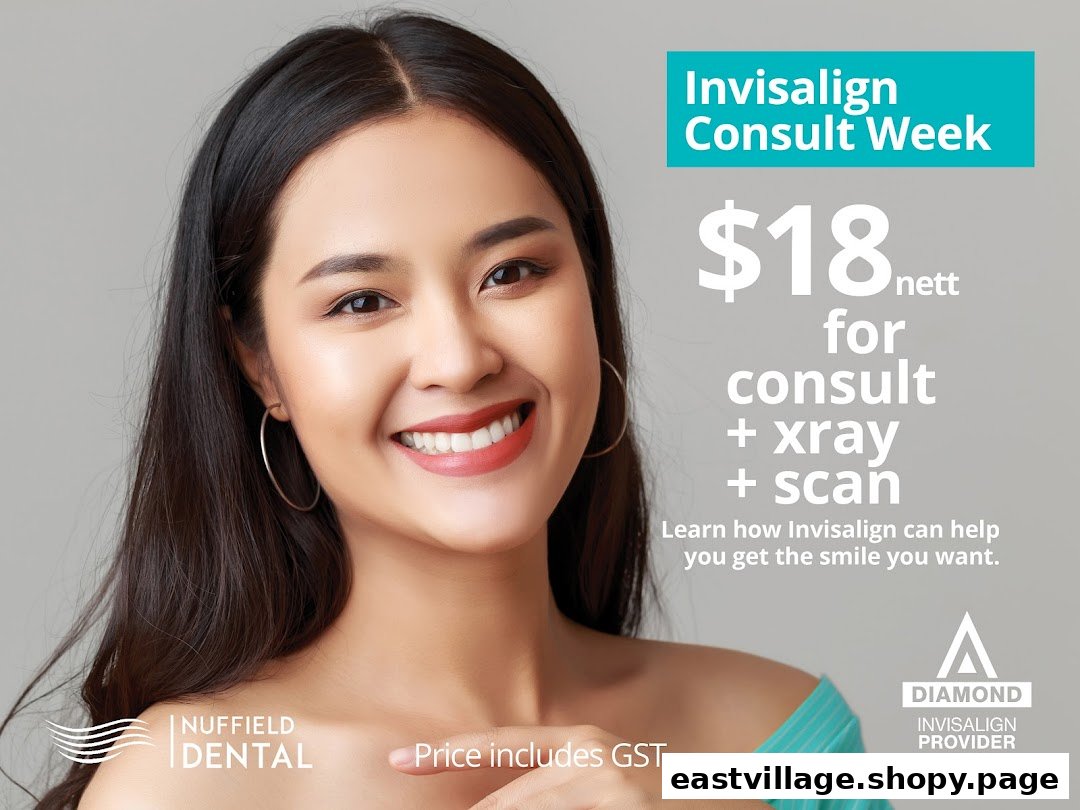 A smiling woman promotes Nuffield Dental's $18 Invisalign consultation, including x-ray and scan.
