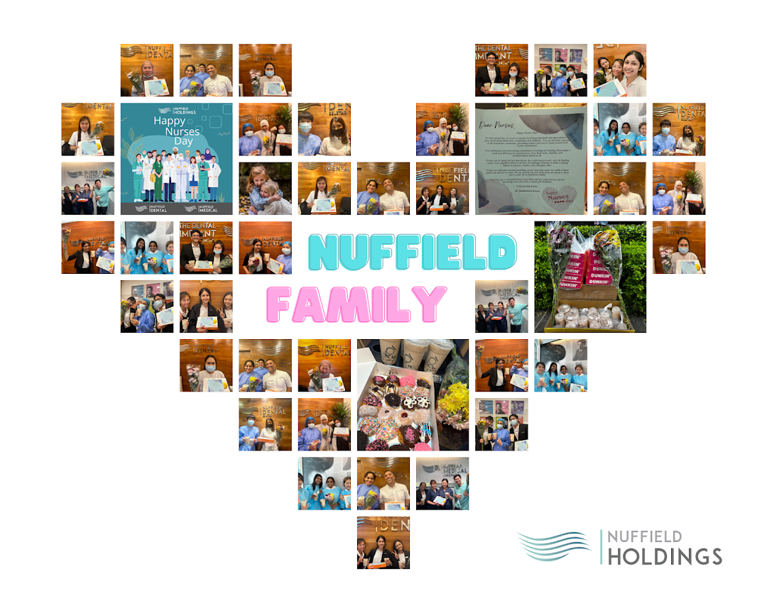A collage of photos celebrating Nuffield Dental staff, likely for Nurses' Day, with gifts and a 'Nuffield Family' theme.