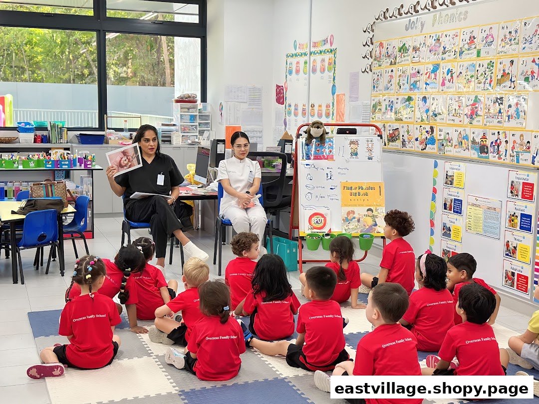 Dentists engage children in a classroom setting, likely teaching about dental health.