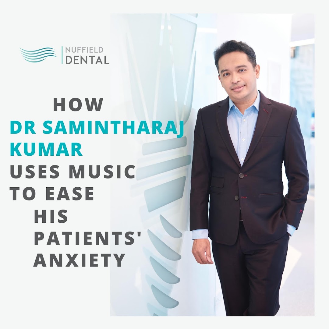 A professional portrait of Dr. Samintharaj Kumar with text about using music to ease patient anxiety.