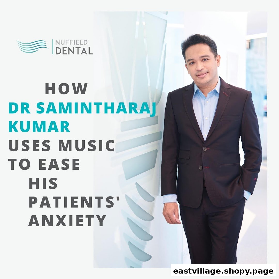 A professional portrait of Dr. Samintharaj Kumar with text about using music to ease patient anxiety.